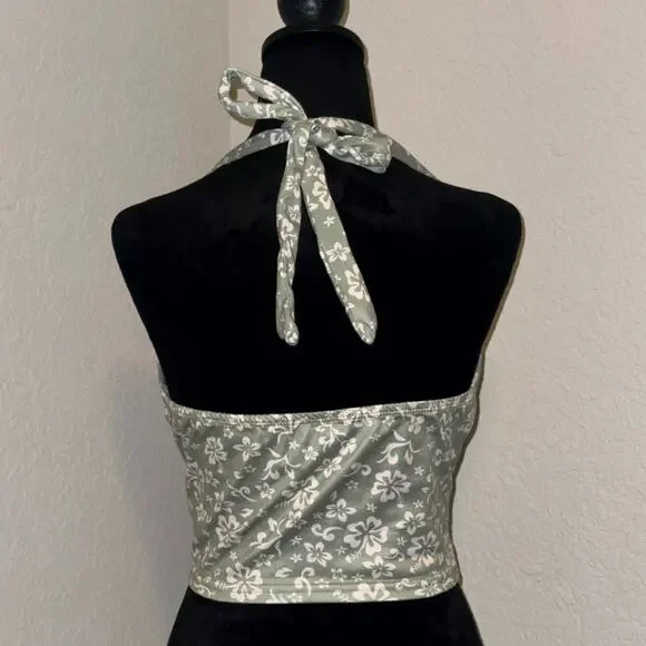 Shein Halter Top Women Medium Green Ditsy Floral Cropped Tank Preppy Coquette - Picture 3 of 7